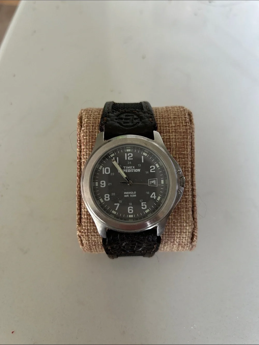 Timex Expedition Watch Men Indiglo 37mm Silver Tone Leather Band - Picture 1 of 2
